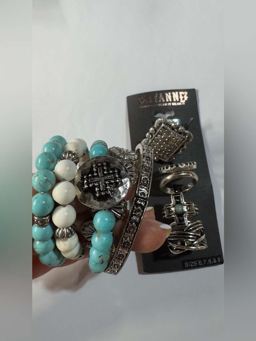 Shyanne Turquoise, White & Silver Bead Bracelet Stack/Ring sizes 6, 7, 8 & 9